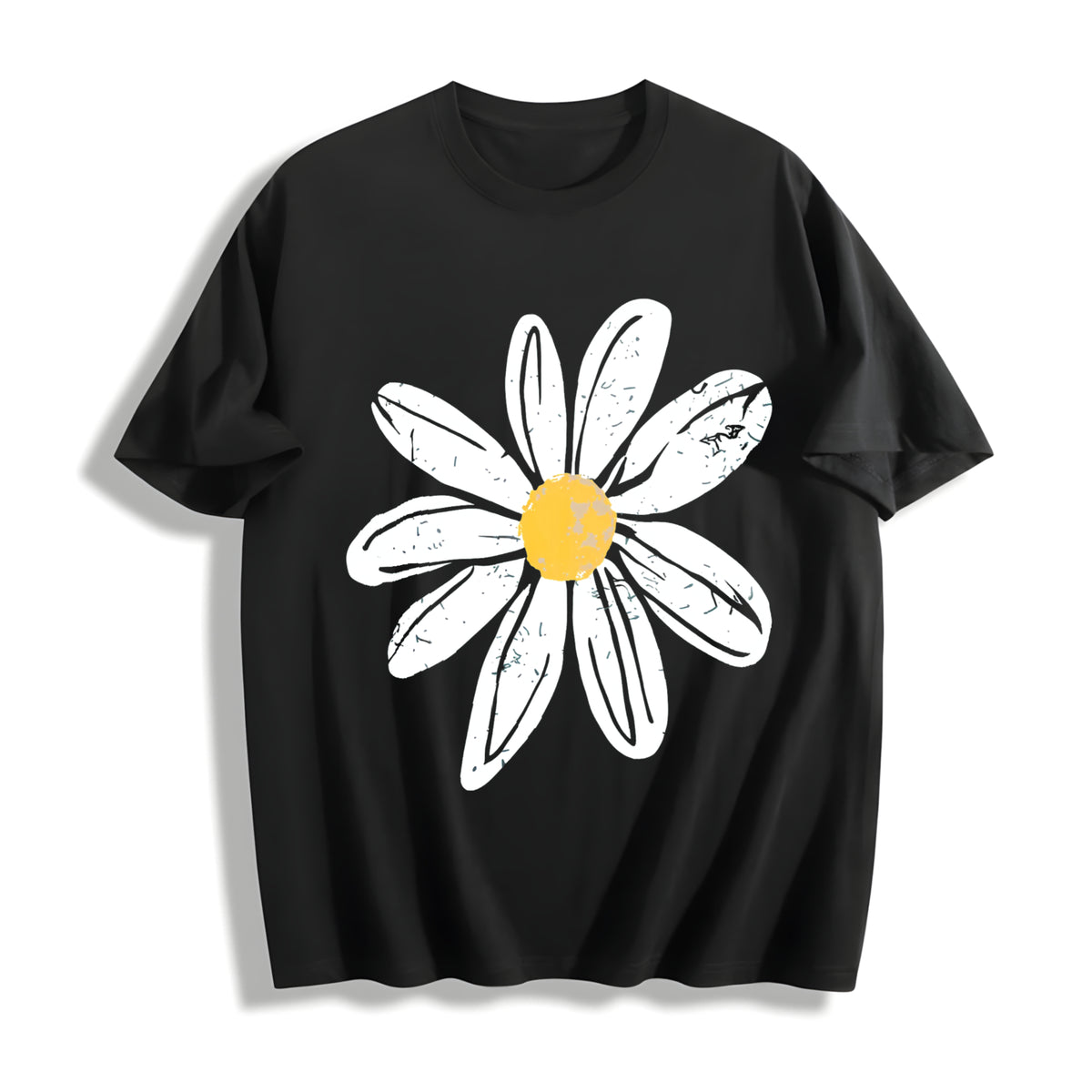 Daisy Retro Floral Cotton T-Shirt in Black
