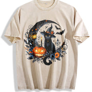 Gothic Witch Black Cat & Bats Vintage Washed T-Shirt in Beige
