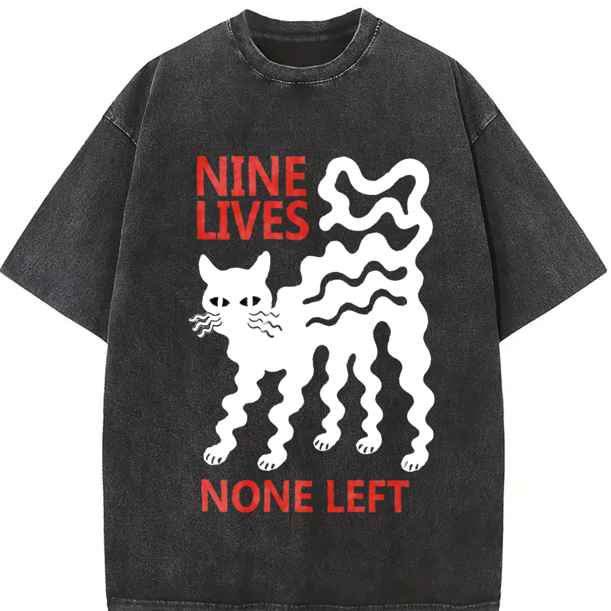 Nine Lives Cat Dark Humor Retro Vintage Washed T-Shirt in Black