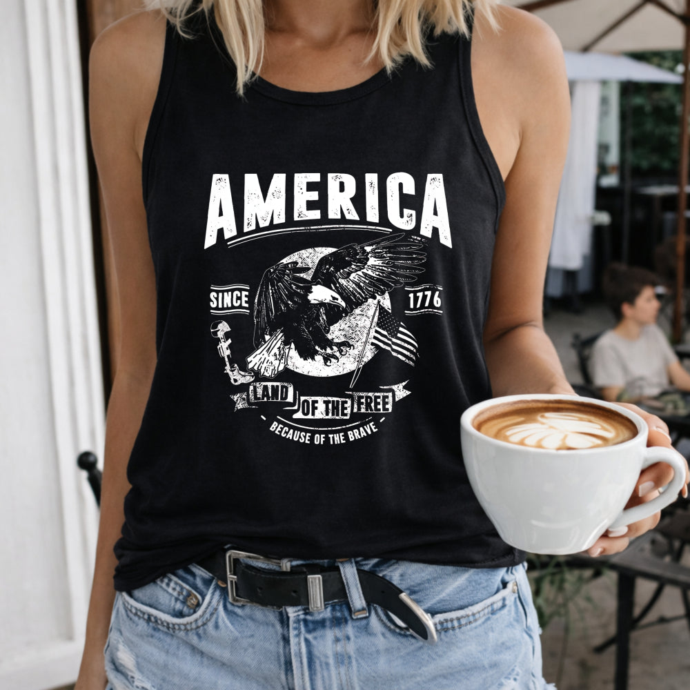 By Sarah Patriotic Home of Free Because of Brave 4th July Women's Color Cotton Tank Top in Black