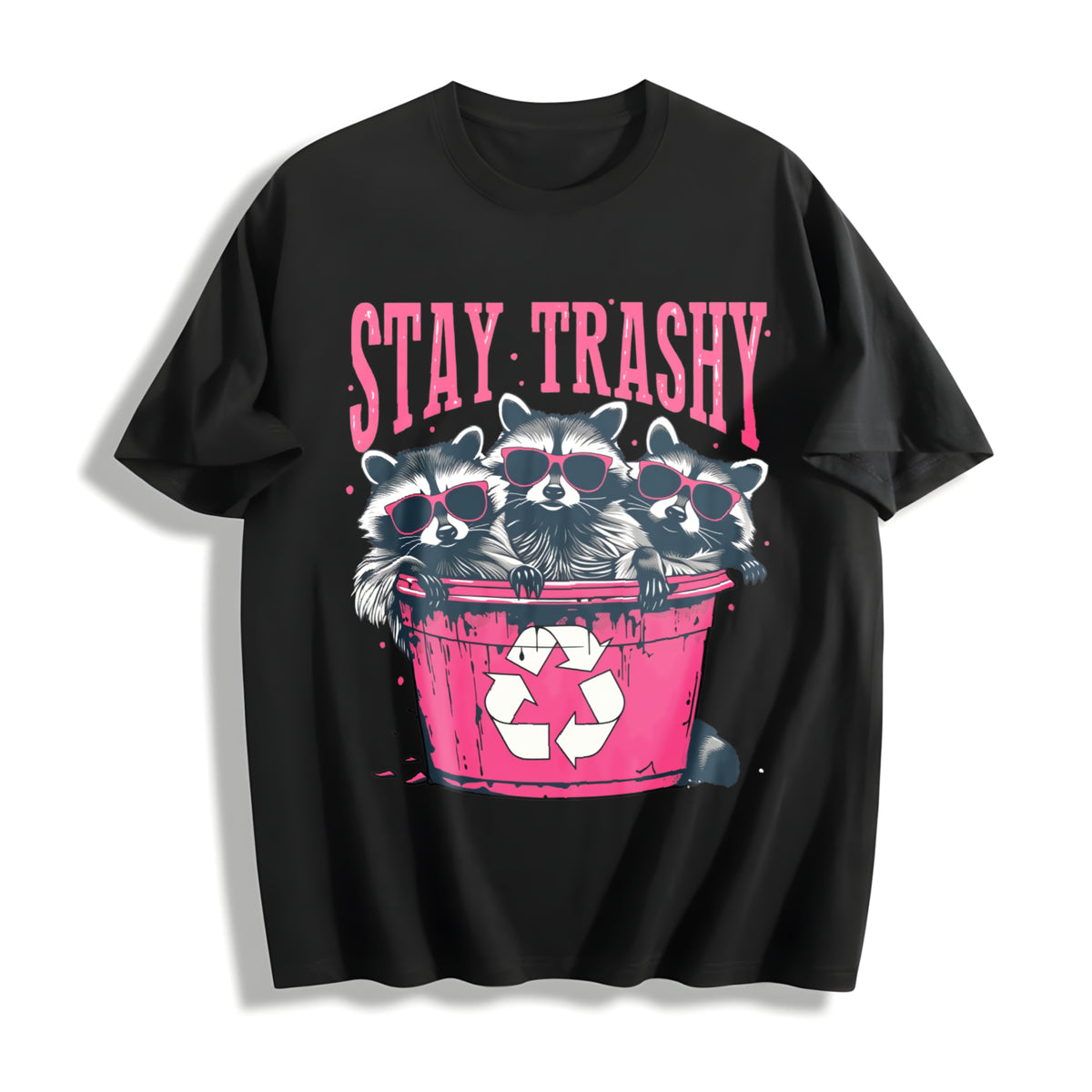 Stay Trashy Black with Pink Raccoon & Bin Cotton T-Shirt in Black