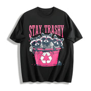 Stay Trashy Black with Pink Raccoon & Bin Cotton T-Shirt in Black
