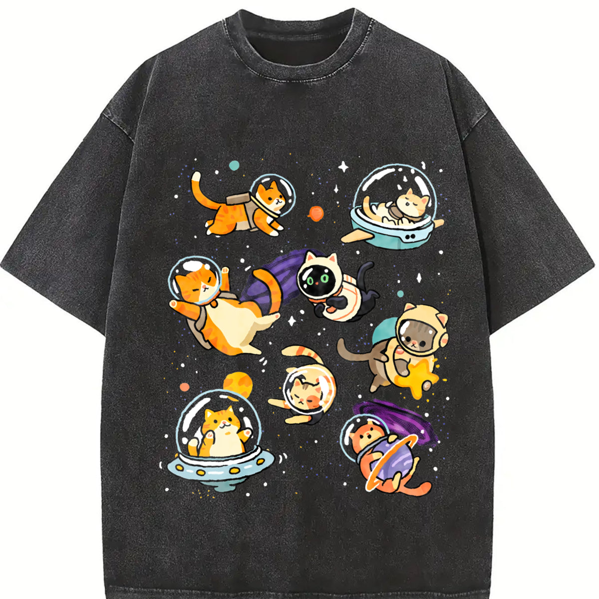 Humor Galaxy- Cat Astronaut Cats in Space Vintage Washed T-Shirt in Black