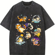 Humor Galaxy- Cat Astronaut Cats in Space Vintage Washed T-Shirt in Black