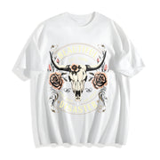 Western Cowboy Black with Bull Skull & Floral Cotton T-Shirt in White