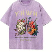 Short-Sleeve - YHWH Floral Butterfly & Every Breath vintage washed oversized T-shirt in Purple