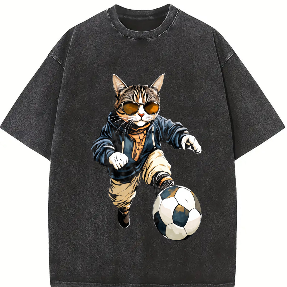 Cat Soccer Player Vintage Washed T-Shirt in Black