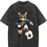 Cat Soccer Player Vintage Washed T-Shirt in Black