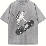 Emo Skater Cat vintage washed oversized T-shirt in Gray