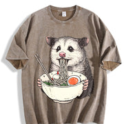 Opossum Ramen Retro Possum Eating Noodles Vintage Washed T-Shirt in Brown