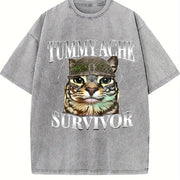 Tummy Ache Survivor Cat Meme Saying Cats Animals vintage washed oversized T-shirt in Gray