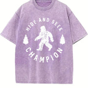 Hide and Seek Champion Bigfoot Humor Classic Camping Vintage Washed T-Shirt in Purple