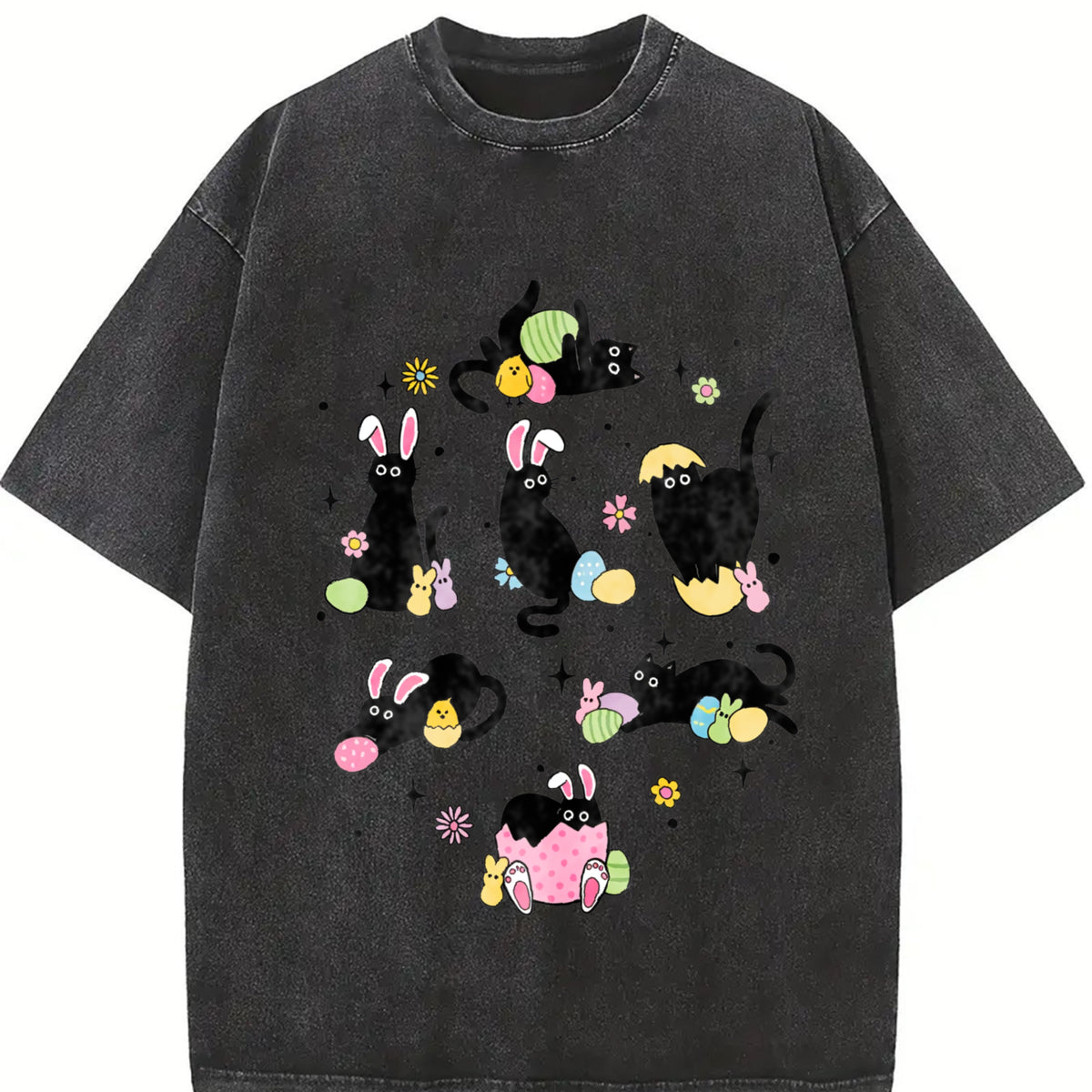 Easter: Black Cat with Bunny Ears in Various Poses Vintage Washed T-Shirt in Black