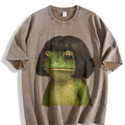 Bob Haircut Frog Meme vintage washed oversized T-shirt in Brown