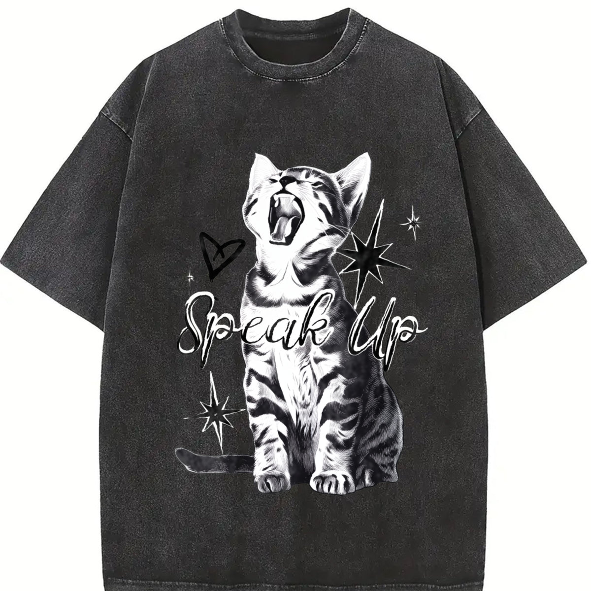 Speak Up Cat Vintage Washed T-Shirt in Black