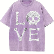 Love Skull Skeleton Bones Halloween Party Cute Ladies Vintage Washed T-Shirt in Purple