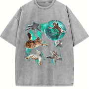 Cats Flying in Galaxy 90s Vintage Washed T-Shirt in Gray