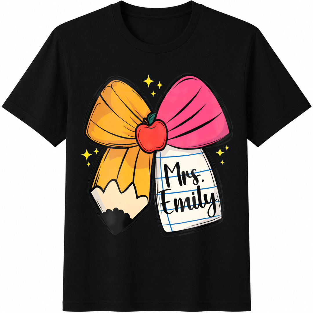 Custom Teacher Coquette Bow Cotton T-Shirt in Black