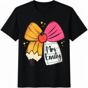 Custom Teacher Coquette Bow Cotton T-Shirt in Black