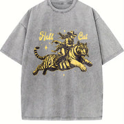 Hell Cat Cowgirl Riding Tiger Vintage Washed T-Shirt in Gray
