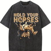 Sarcastic Literal Hold Your Horses Strong Woman Boxy Weird Vintage Washed T-Shirt in Black