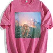 Glam Doll with a Fire Background Vintage Washed T-Shirt in Red