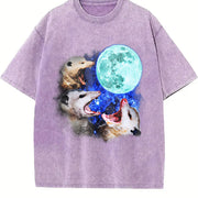 Three Possums Howling at Moon Vinatge Vintage Washed T-Shirt in Purple