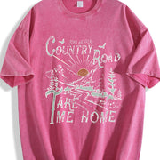 Country Roads Take Me Home Mountain Scene vintage washed oversized T-shirt in Red