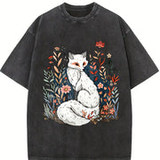 Luokeren Retro Floral Fox Vintage Washed T-Shirt in Black