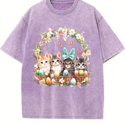 Ladies' Cat in Easter Basket Vintage Washed T-Shirt in Purple