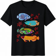 Colorful Tropical Fish Cotton T-Shirt in Black