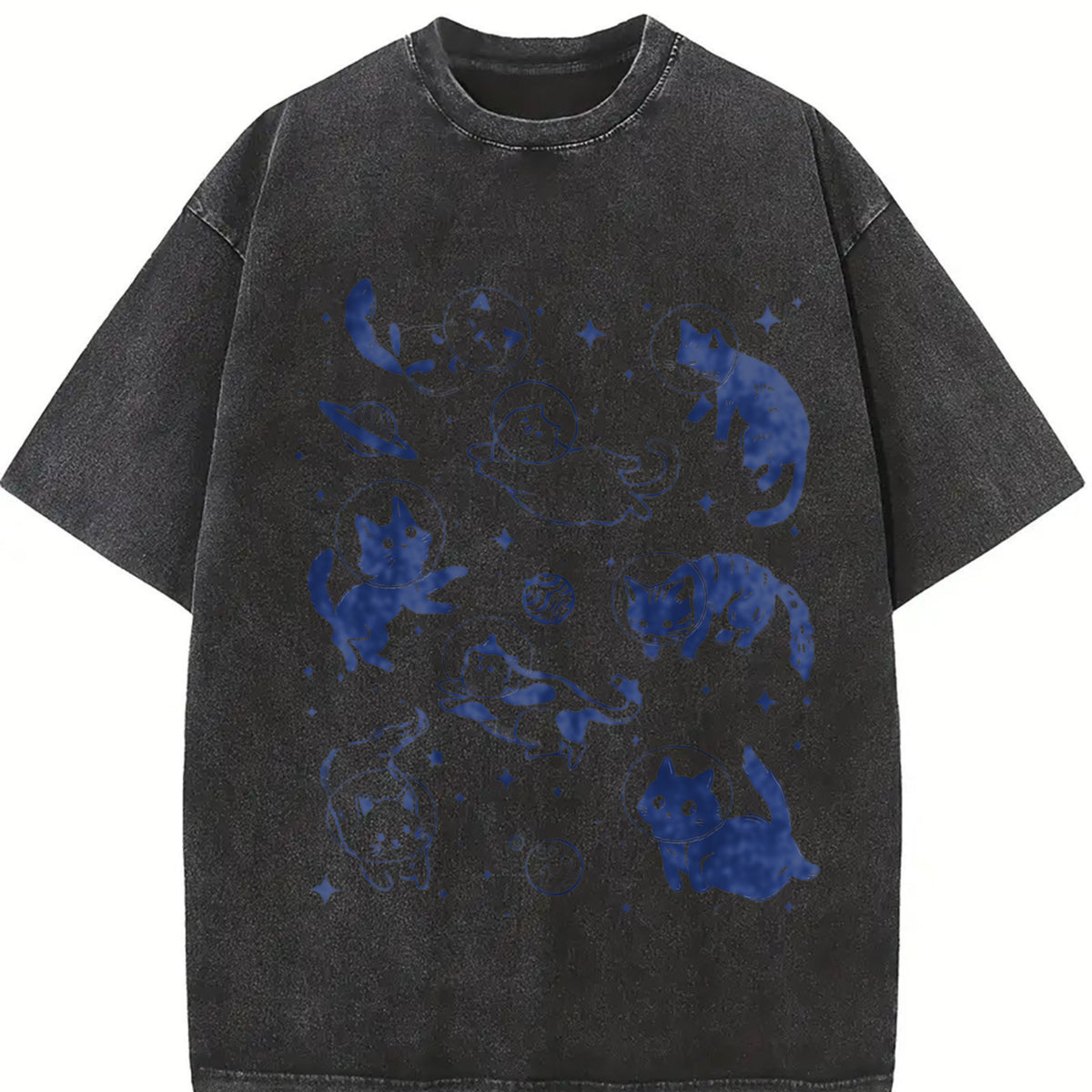 Retro Cats in Space with Stars and Planets 90s Vintage Washed T-Shirt in Black