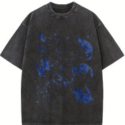 Retro Cats in Space with Stars and Planets 90s Vintage Washed T-Shirt in Black