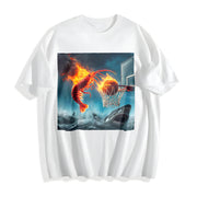 Premium Shrimp Dunking on Shark Fishing Meme Cotton T-Shirt in White