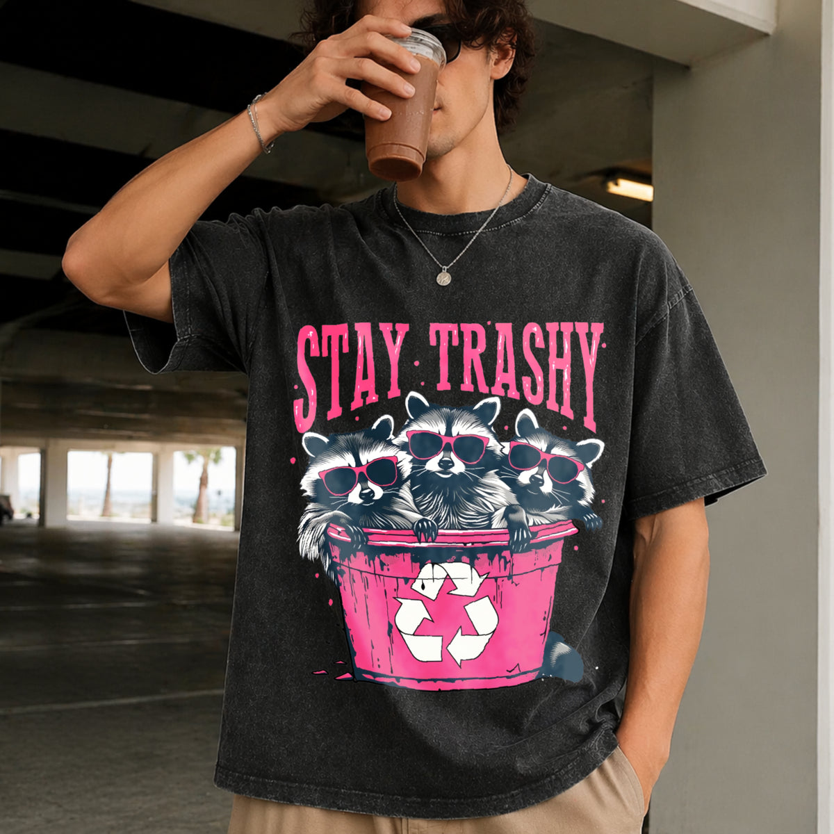 Stay Trashy Black with Pink Raccoon & Bin Vintage Washed T-Shirt in Black