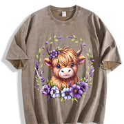 Baby Highland Cow With Purple Flowers Scottish Farm vintage washed oversized T-shirt in Brown