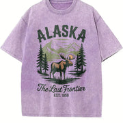 Retro Alaska the Last Frontier Moose 90s Vintage Washed T-Shirt in Purple