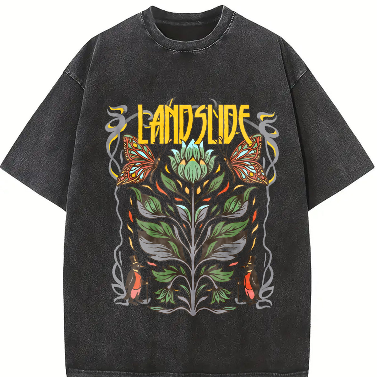 Landslide 70s Rock Inspired Vintage Washed T-Shirt in Black