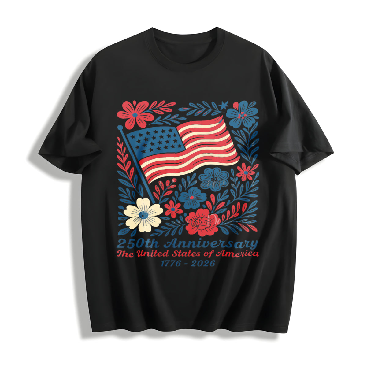 USA 250th Anniversary 4th of July Back Boho Floral America Cotton T-Shirt in Black