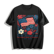 USA 250th Anniversary 4th of July Back Boho Floral America Cotton T-Shirt in Black