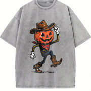 Pumpkin Cowboy Halloween Western Vintage Washed T-Shirt in Gray