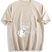 Witch Cat Retro Halftone Halloween Vintage Washed T-Shirt in Beige