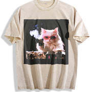 Cute Cat Kitten Vintage Washed T-Shirt in Beige