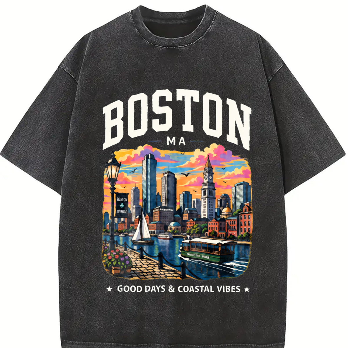 Boston Massachusetts Vintage Washed T-Shirt in Black