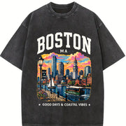 Boston Massachusetts Vintage Washed T-Shirt in Black