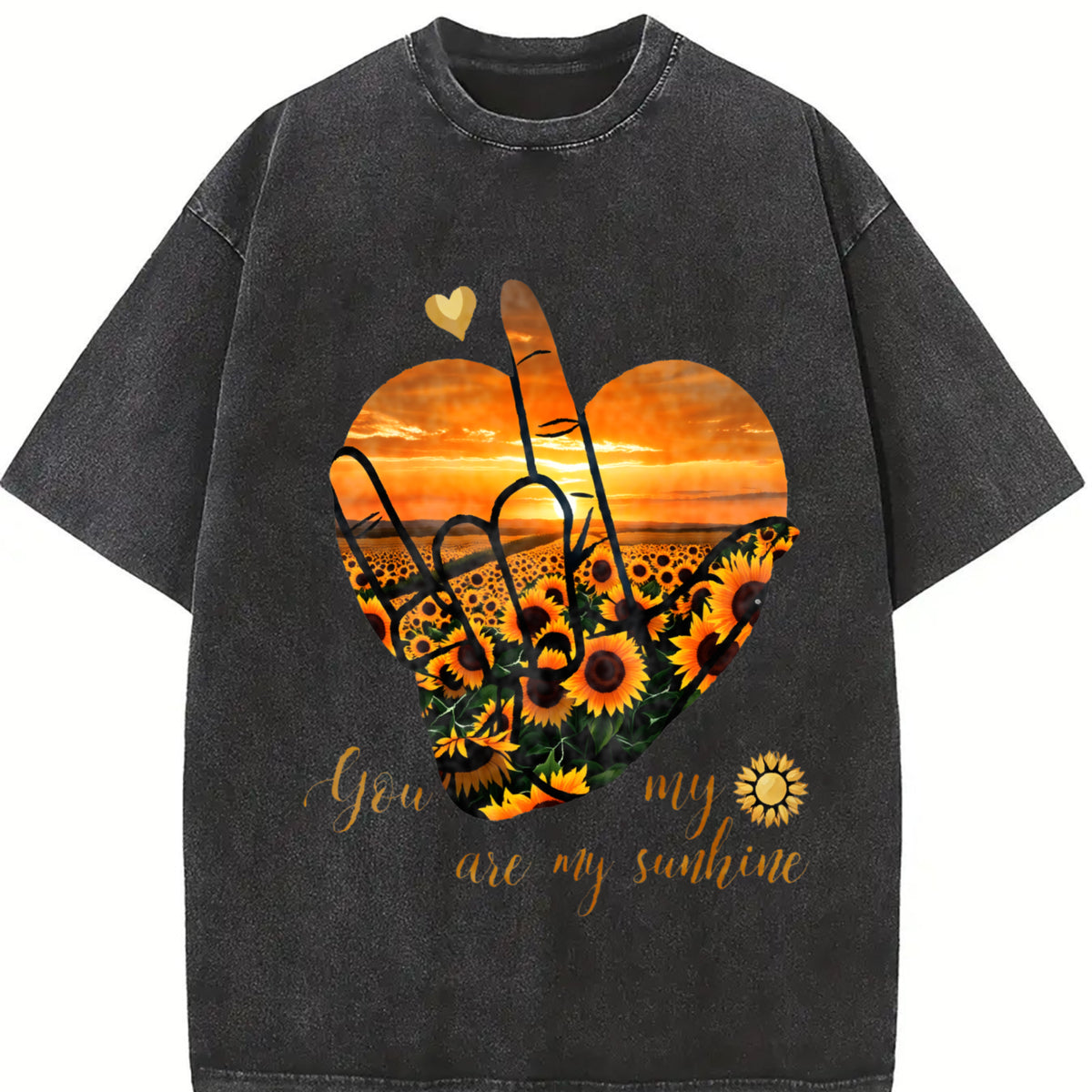 You Are My Sunshine Sunflower Heart Vintage Washed T-Shirt in Black