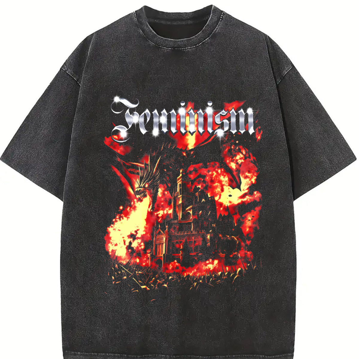Feminism Dragon Castle Vintage Washed T-Shirt in Black