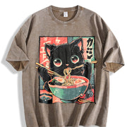 Ramen Cat Vintage Washed T-Shirt in Brown