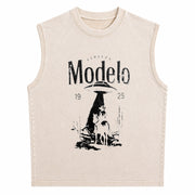 It's Time for a Beer! Fun Beer Short-sleeved Vintage Washed Tank Top in Beige