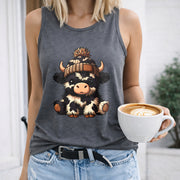 Sleeveless Tank with Cute Cartoon Cow & Beanie Women's Color Cotton Tank Top in Gray